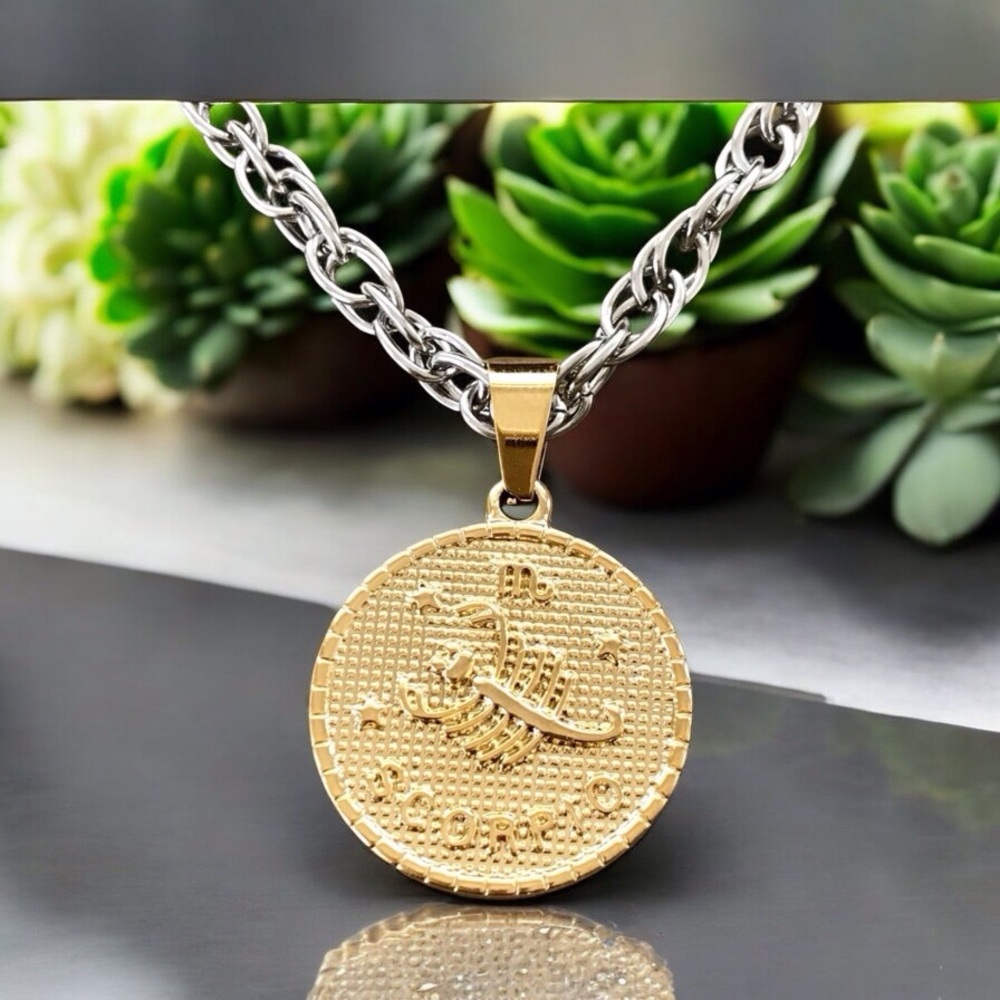 🆕 Scorpio Gold Coin on Twisted Helix Necklace Stainless Steel